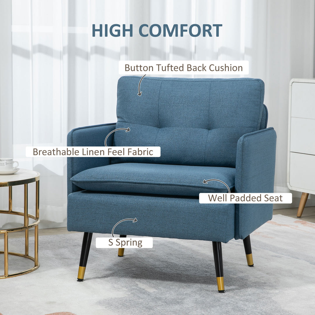 Modern One Seater Sofa, Button Tufted Armchair with Cushions and Steel Legs, Accent Chair for Living Room, Guest Room, Dark Blue