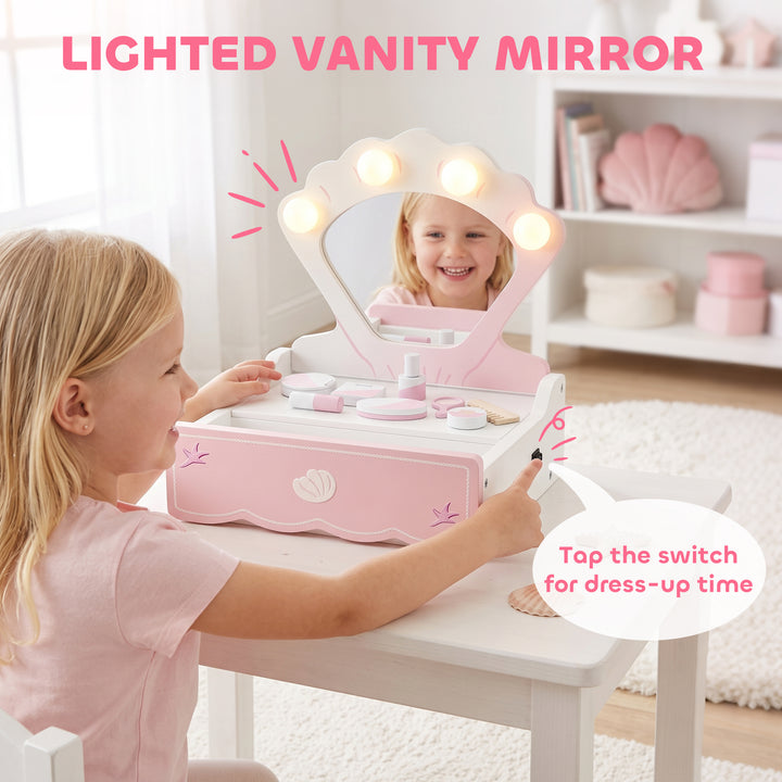 Kids Vanity Table, Portable Girls Dressing Table with Lights, Mirror, 
