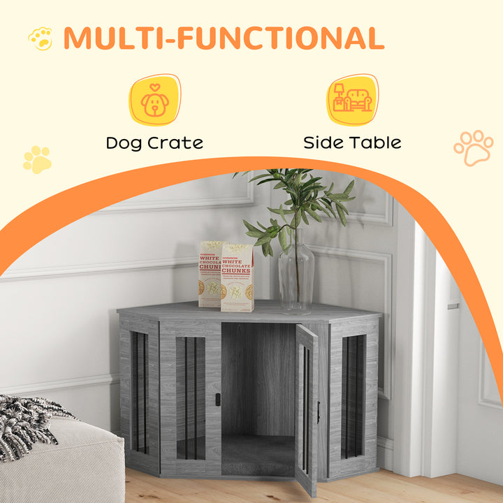 2 in 1 Dog Crate Furniture Side Table, with Cushion, 104 x 55 x 63cm - Grey