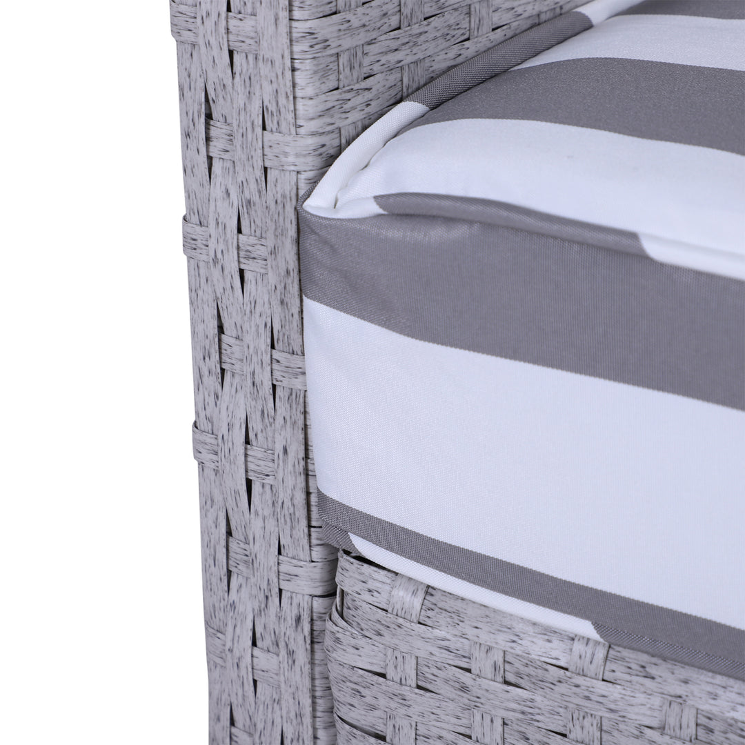 MCL 5 Pieces PE Rattan Garden Furniture Set with 10cm Thick Padded Cushions, Wicker Weave Outdoor Seating Chairs with 2 Armchairs, 2 Stools, Glass Top Table, Grey and White