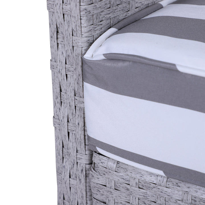 MCL 5 Pieces PE Rattan Garden Furniture Set with 10cm Thick Padded Cushions, Wicker Weave Outdoor Seating Chairs with 2 Armchairs, 2 Stools, Glass Top Table, Grey and White