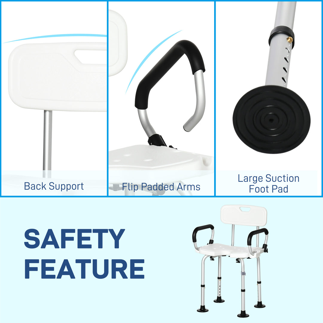MCL Shower Chair for the Elderly and Disabled, Height Adjustable Shower Stool with Back and Flipped Padded Arms, Suction Foot Pads, White
