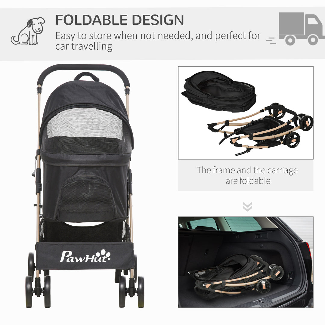 PawHut 3 In 1 Detachable Pet Stroller with Rain Cover, Foldable Cat Dog Pushchair, Universal Wheels, Brake, Canopy, Basket, Black