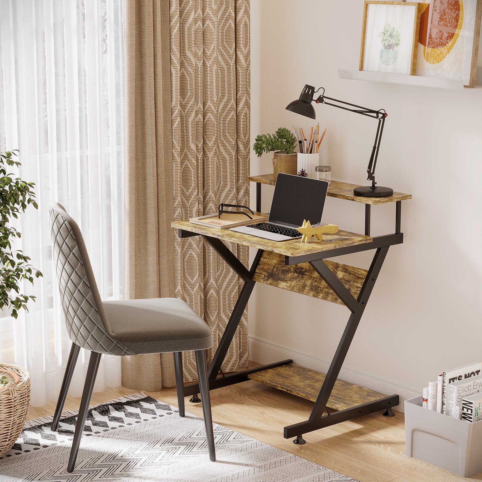 Industrial Computer Desk with Monitor Stand, 70 x 60cm Compact Desk for Small Spaces, Home Office Desk, Rustic Brown