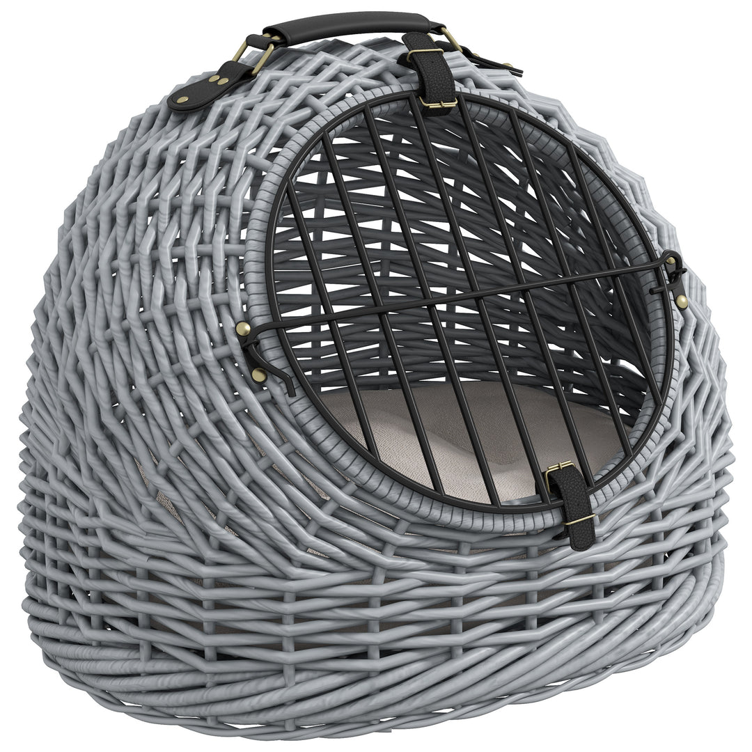 Wicker Pet Carrier Basket Cat Kitten Bed Portable Travel Cage w/ Soft Cushion Handle Grey 50 x 40 x 40 cm