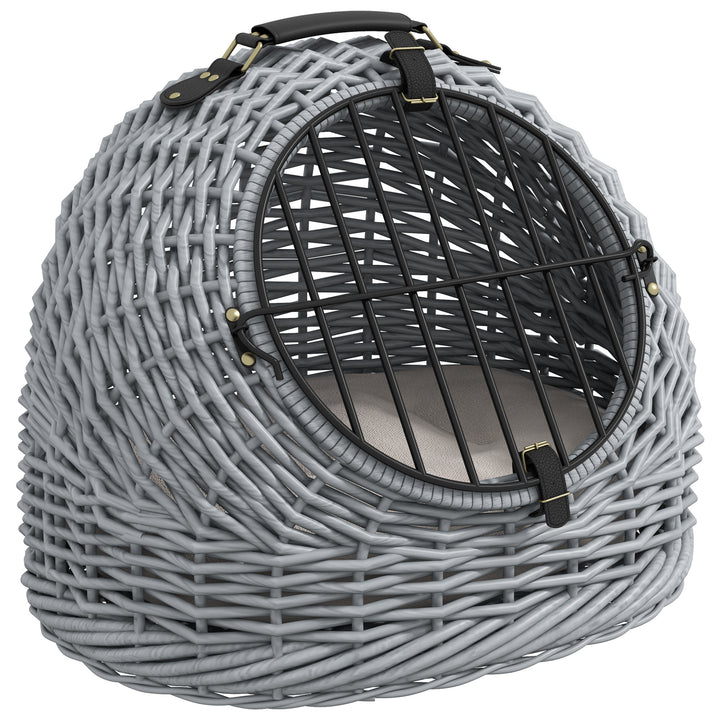 Wicker Pet Carrier Basket Cat Kitten Bed Portable Travel Cage w/ Soft Cushion Handle Grey 50 x 40 x 40 cm