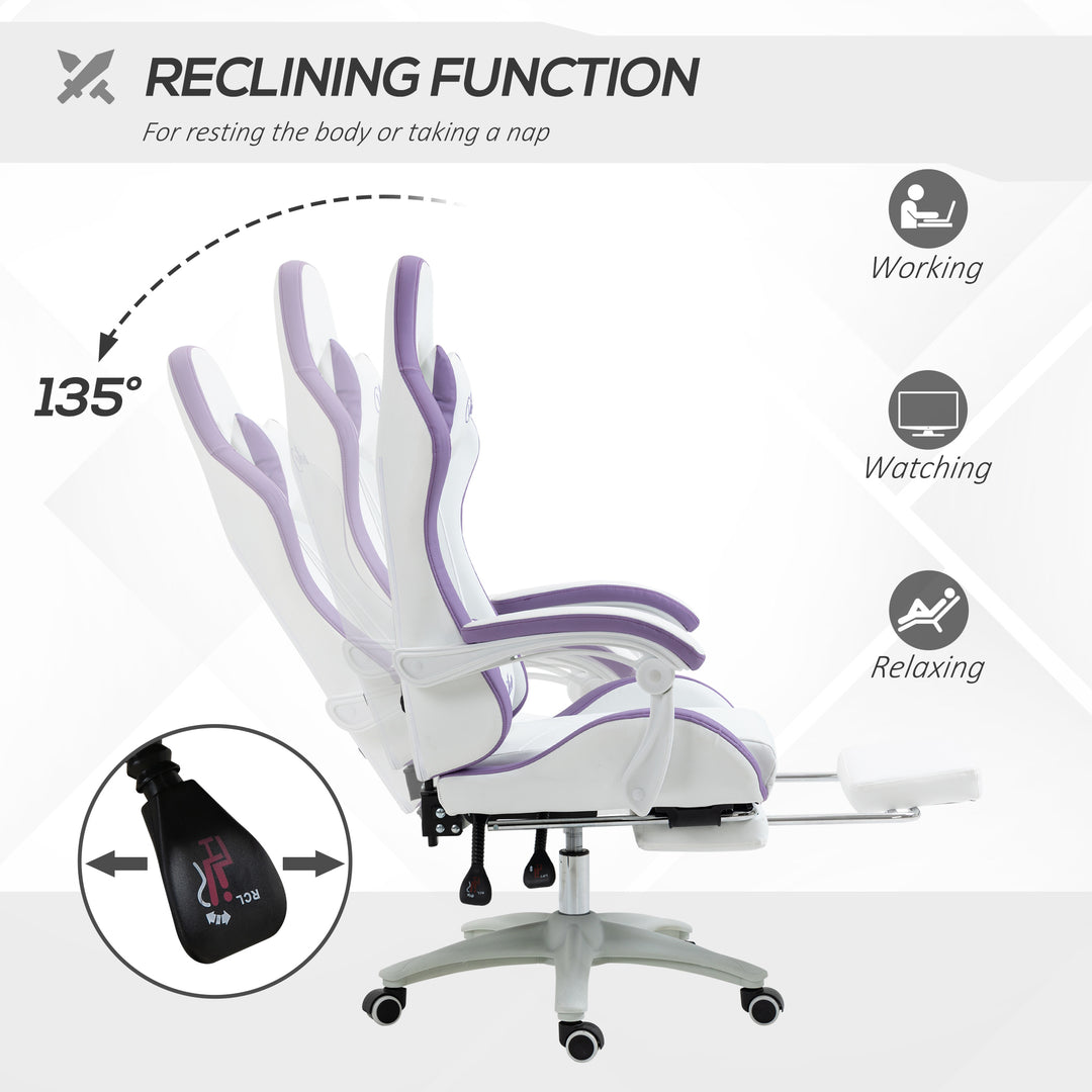 Computer Gaming Chair, PU Leather Office Desk Chair with Footrest, Swivel Wheels, 135° Reclining Back, Lumbar Support, Headrest for Home, White and Purple