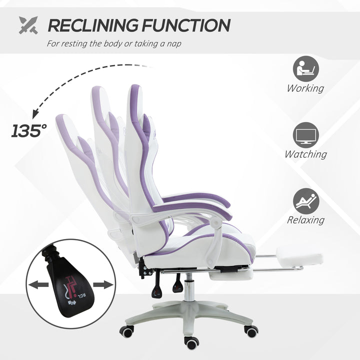 Computer Gaming Chair, PU Leather Office Desk Chair with Footrest, Swivel Wheels, 135° Reclining Back, Lumbar Support, Headrest for Home, White and Purple