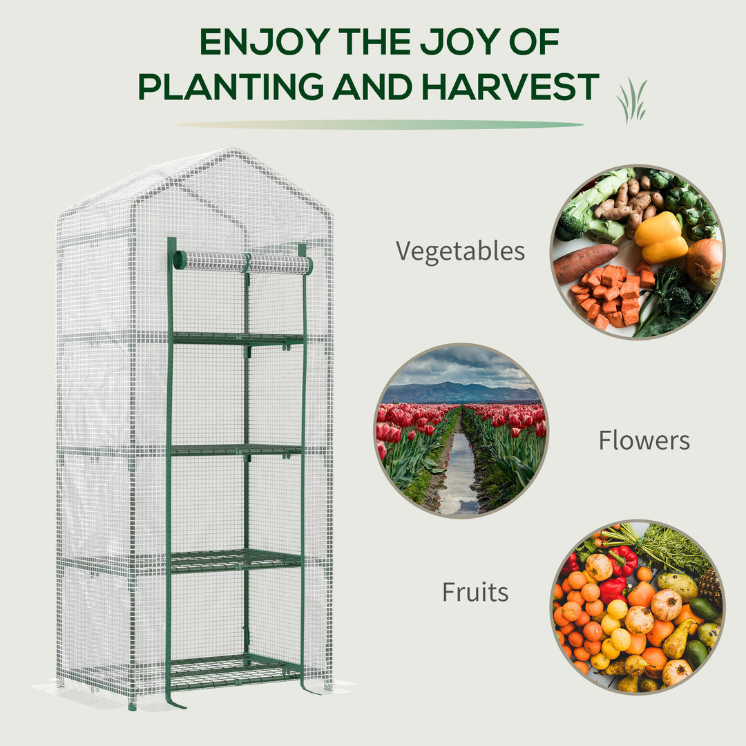 4 Tier Mini Greenhouse, Portable Compact Green House with Steel Frame, PE Cover, Roll-up Door, 70 x 50 x 160 cm, White