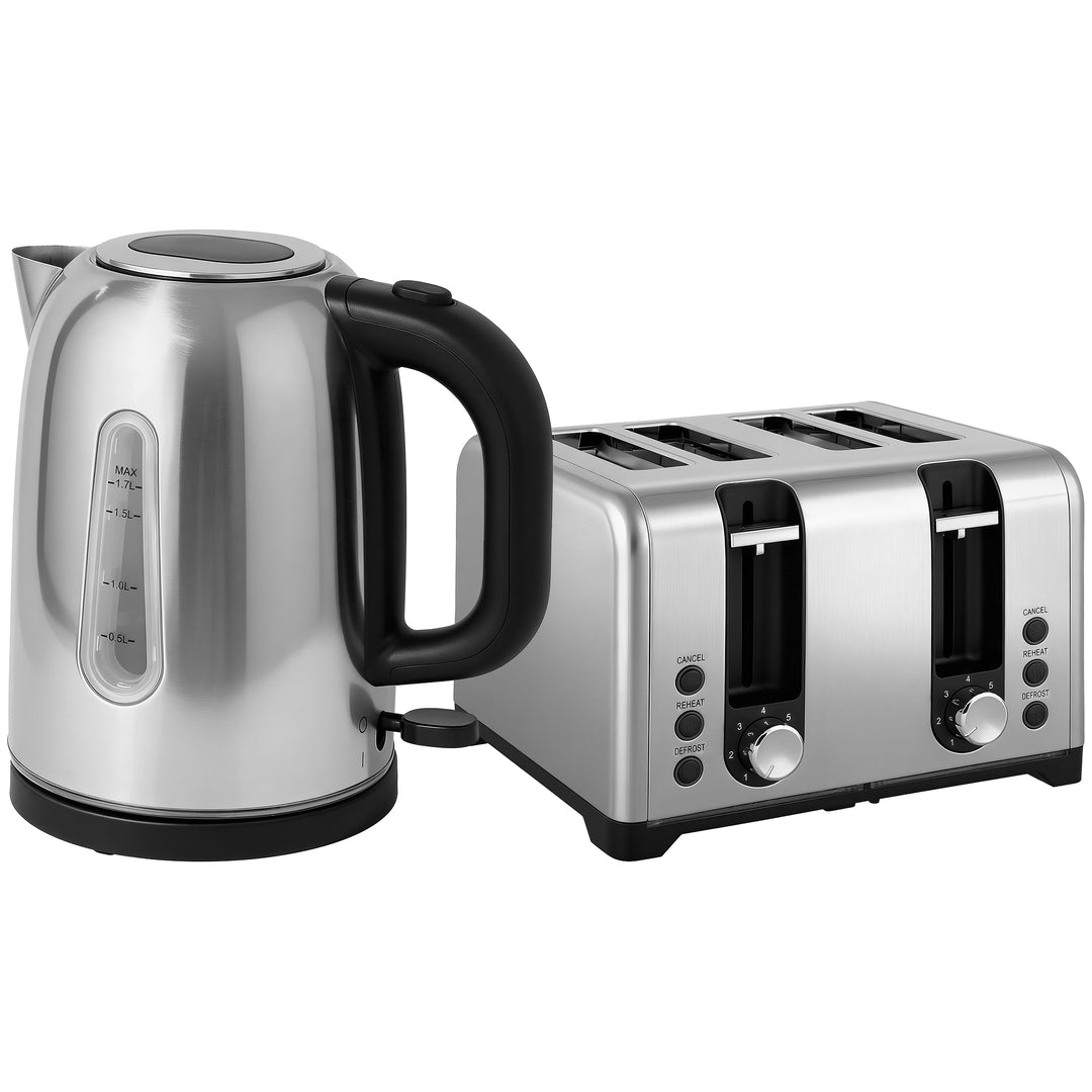MCL Kettle and Toaster Set, 1.7L 3000W Rapid Boil Jug Kettle with Strix Thermostat, Limescale Filter, 4 Slice Toaster with 7 Browning Controls, Crumb Tray, Silver Tone