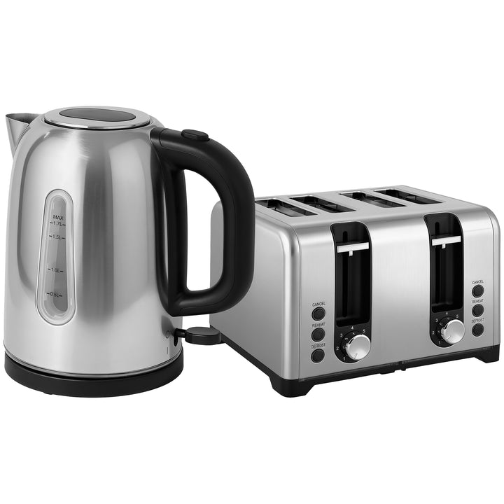 MCL Kettle and Toaster Set, 1.7L 3000W Rapid Boil Jug Kettle with Strix Thermostat, Limescale Filter, 4 Slice Toaster with 7 Browning Controls, Crumb Tray, Silver Tone