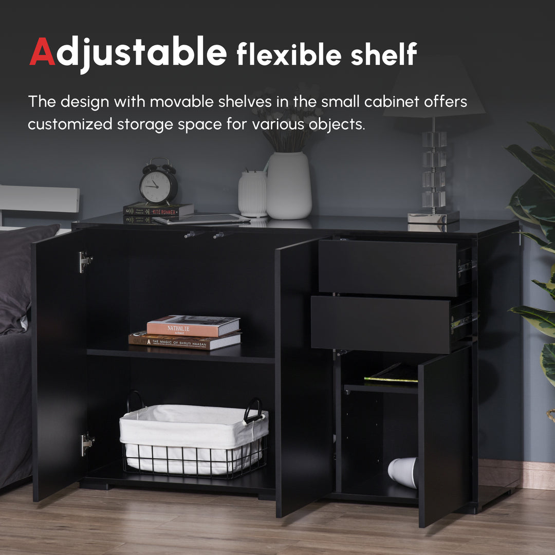 High Gloss Side Cabinet, Push-Open Design with 2 Drawers and 2 Cabinets for Living Room, 74H x 117W x 36Dcm, Black