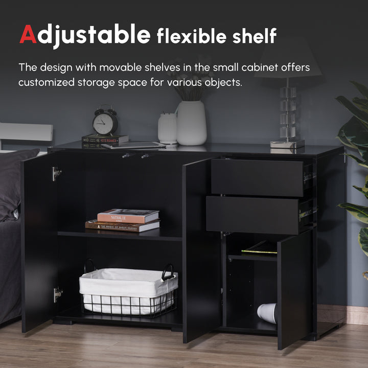 High Gloss Side Cabinet, Push-Open Design with 2 Drawers and 2 Cabinets for Living Room, 74H x 117W x 36Dcm, Black