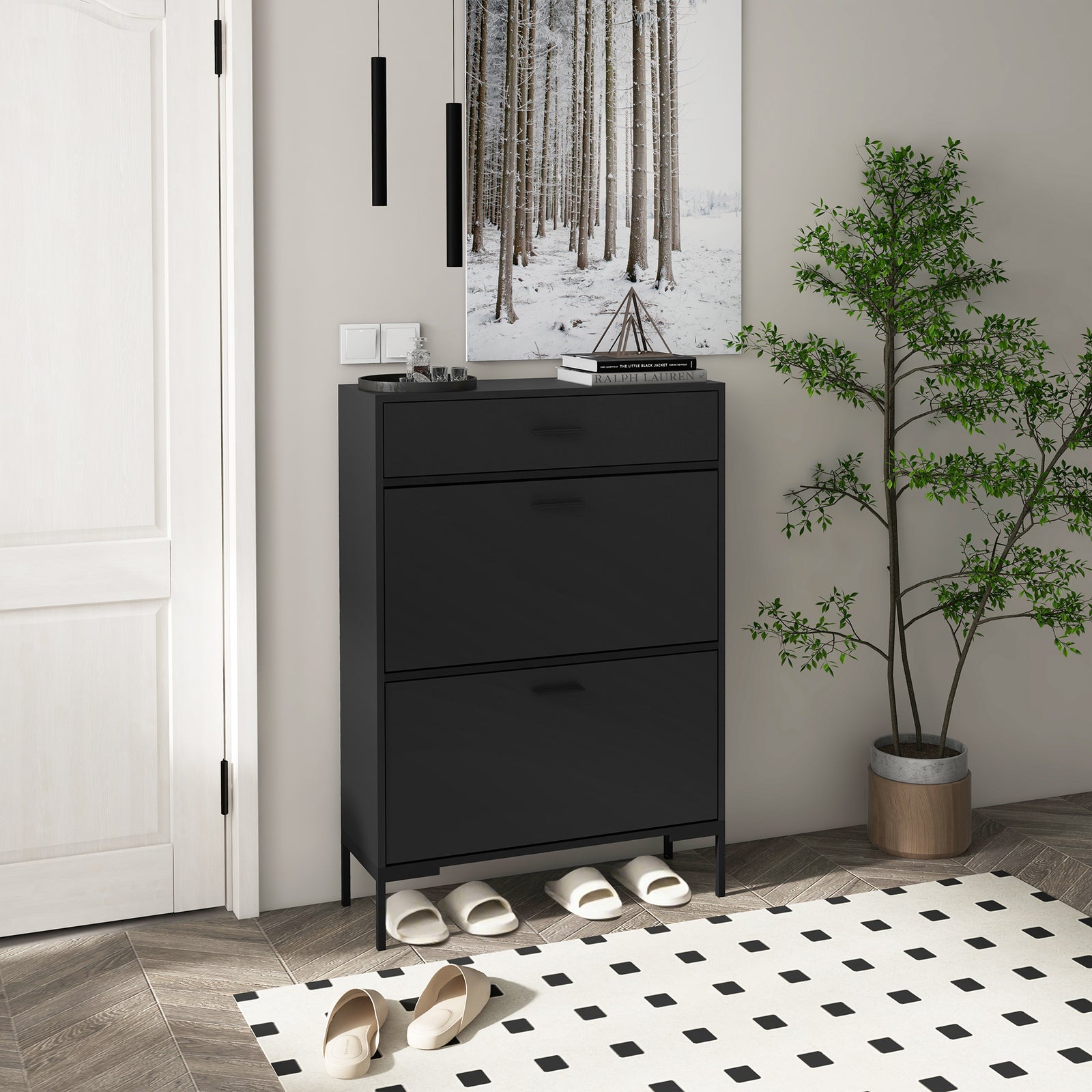 Three Drawer Slim Shoe Storage Cabinet, 12 Shoe Pairs - Black