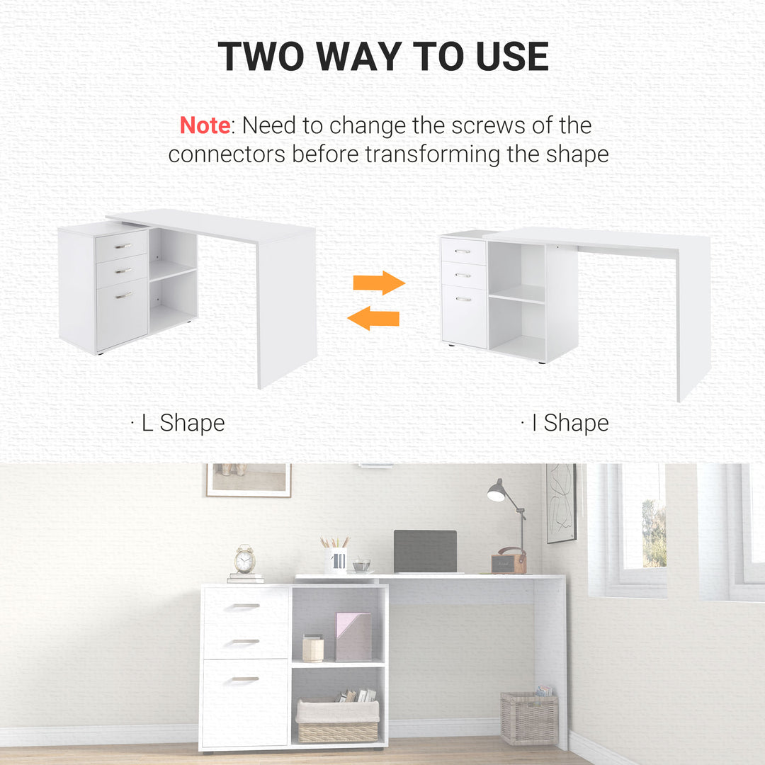 L Shaped Computer Desk, Reversible Home Office Desk with Drawers, File Cabinet and Storage Shelves, Study Table, 117 x 83.5 x 76cm, White
