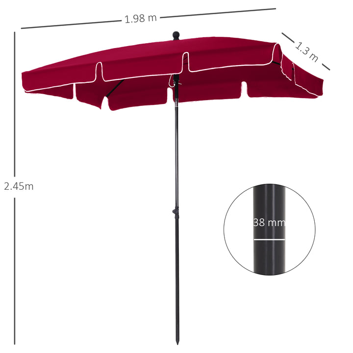 MCL Garden Parasol Umbrella, Outdoor Market Table Umbrella with Ruffles & Aluminium Pole, Rectangular Tilting Parasol Sun Shade Canopy, 2 x 1.3m, Red