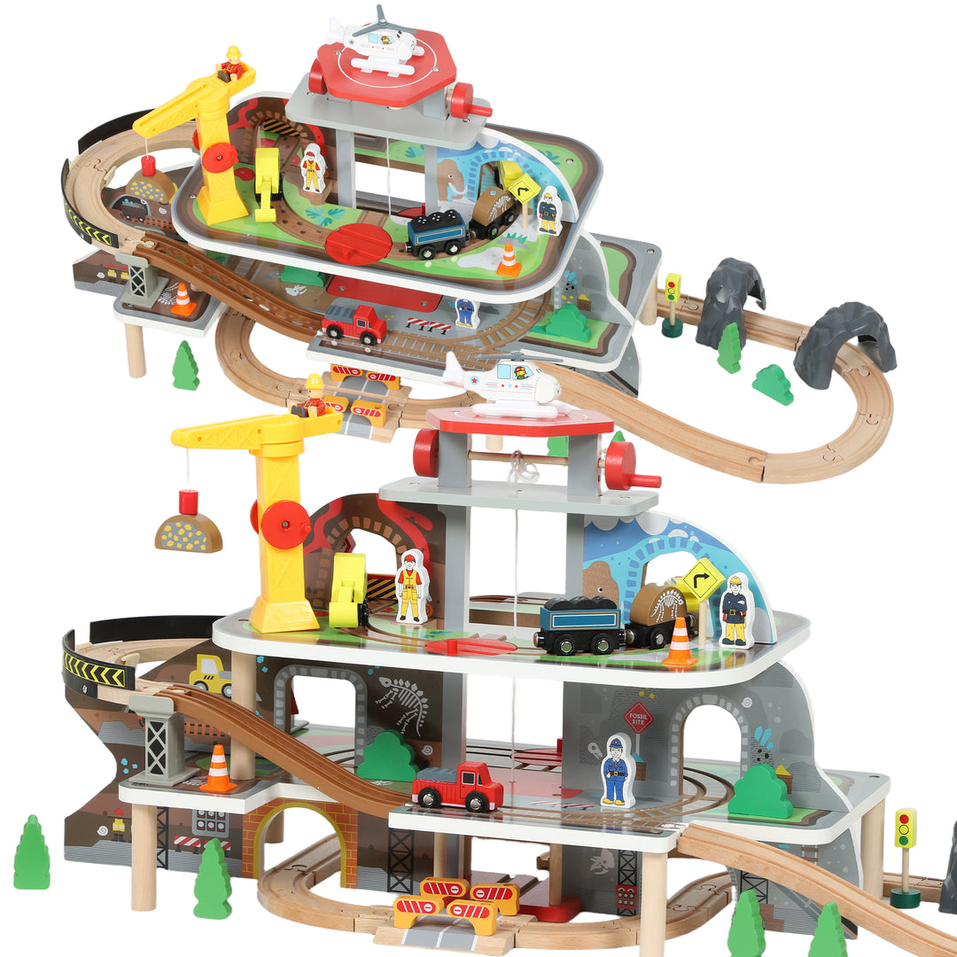 MCL 79 Piece Wooden Train Set, Kids Train Track Mine Themed with Crane, Helicopter