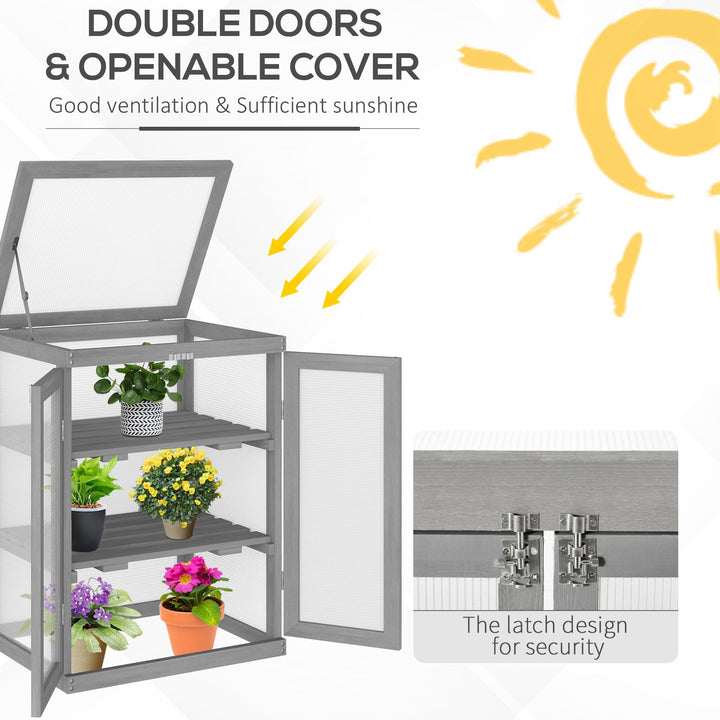 3-tier Wood Greenhouse Garden Polycarbonate Cold Frame Balcony Grow House w/ Storage Shelf for Plants, Flowers, Dark Grey