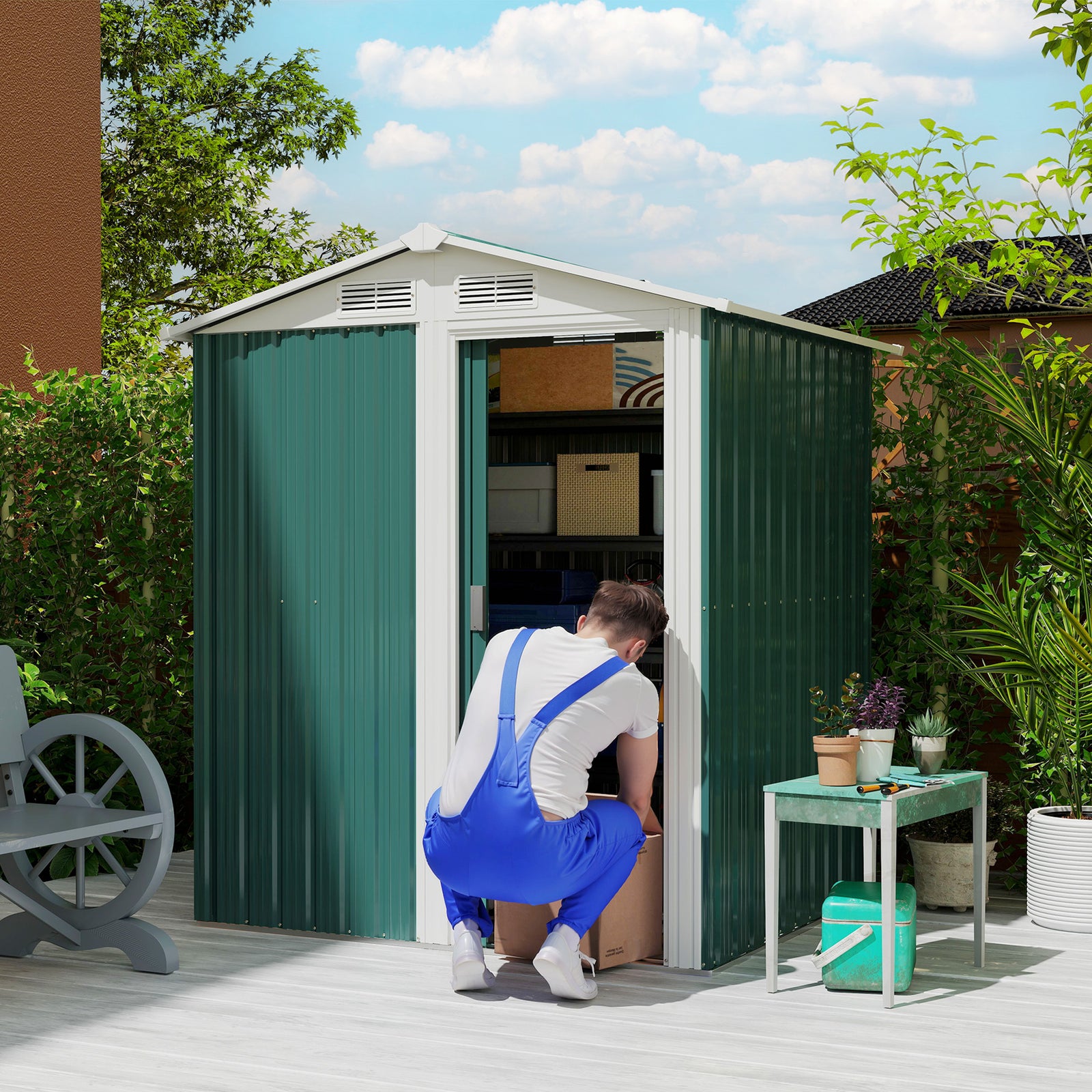 Garden Metal Tool Storage Shed with Sliding Door, Sloped Roof and Floor Foundation, 152 x 132 x 188cm, Green