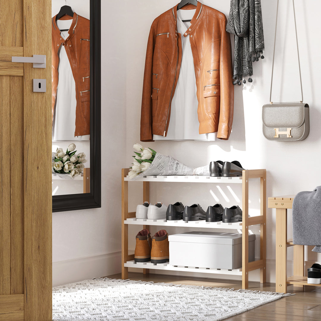 MCL 3-Tier Shoe Rack Wood Frame Slatted Shelves Spacious Open Hygienic Storage Home Hallway Furniture Family Guests 70L x 26W x 57.5H cm - Natural