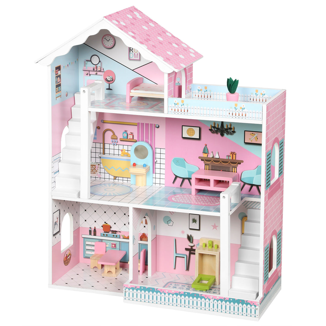 Wooden Dolls House, Large 3-Storey Modern Dollhouse with 10