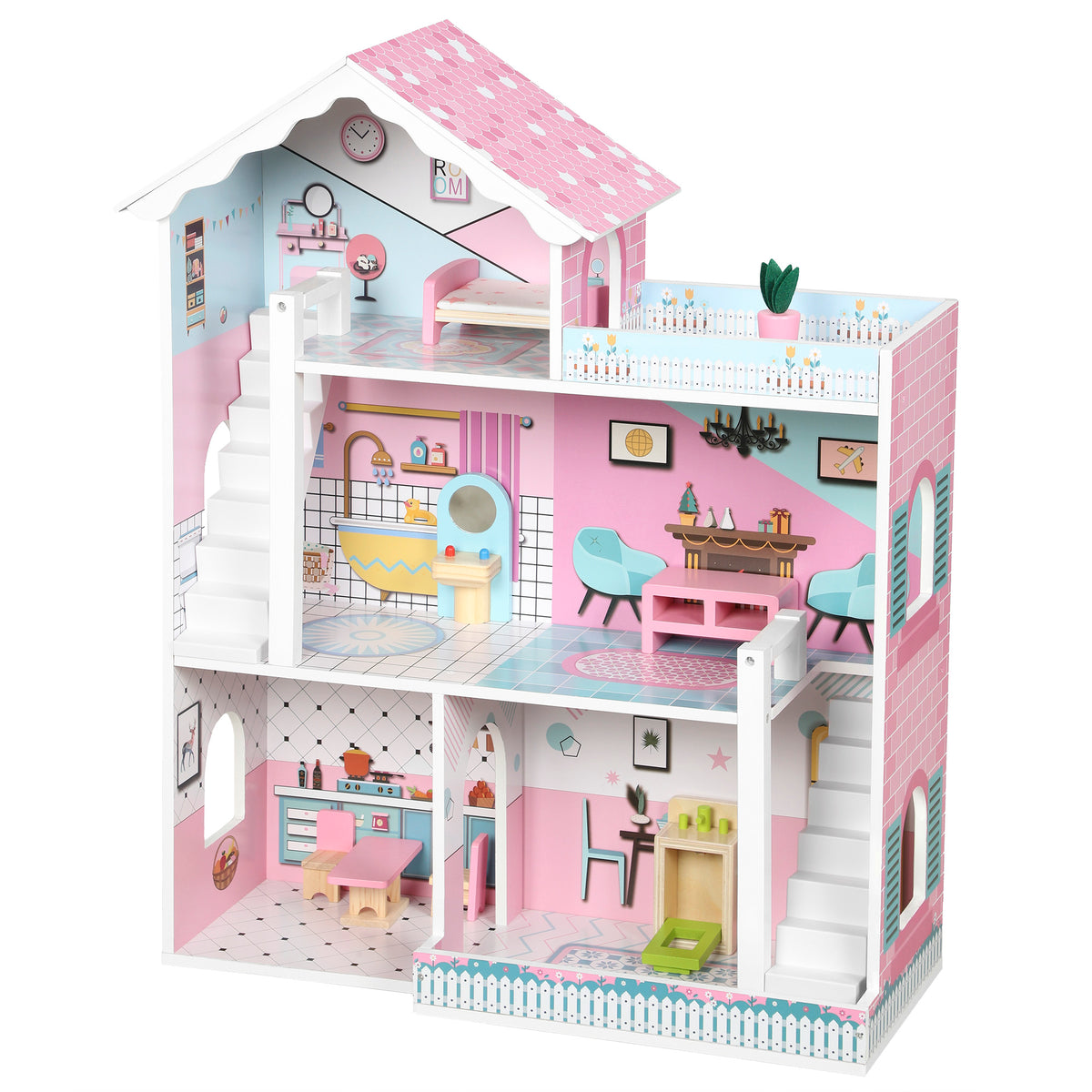 Wooden Dolls House, Large 3-Storey Modern Dollhouse with 10