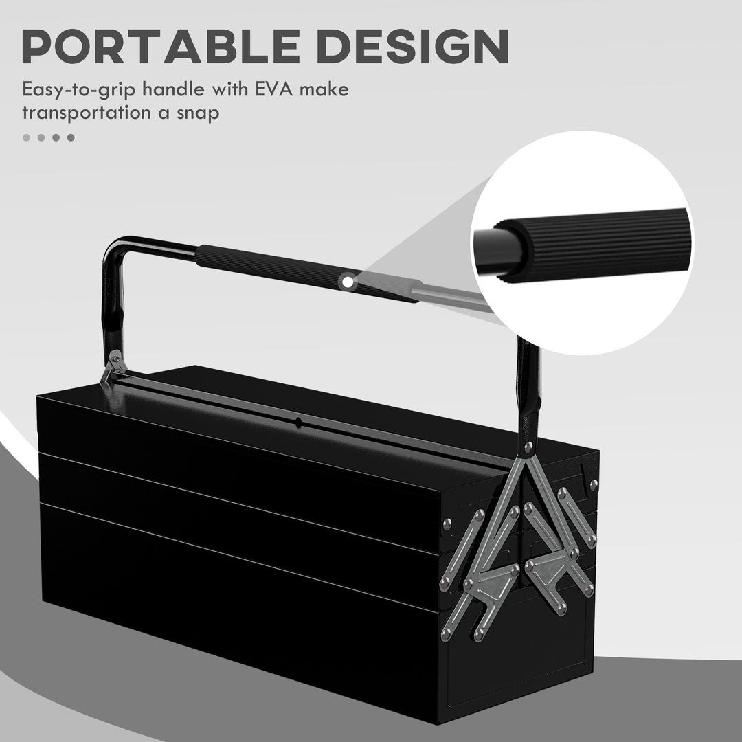 DURHAND Professional Metal Toolbox, 3 Tier, 5 Tray, Portable with Carry Handle, 56cmx20cmx34cm, Black | Aosom UK