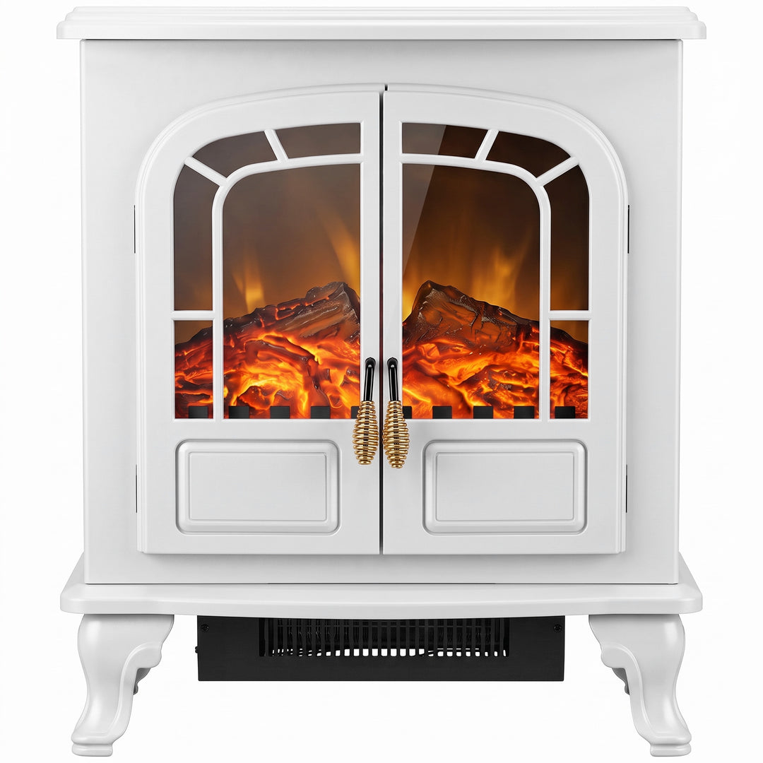 HOMCOM Electric Fireplace Stove Heater with LED Fire Flame Effect, Double Door, Freestanding &amp; Portable with Overheat Protection, 1000W/2000W - White