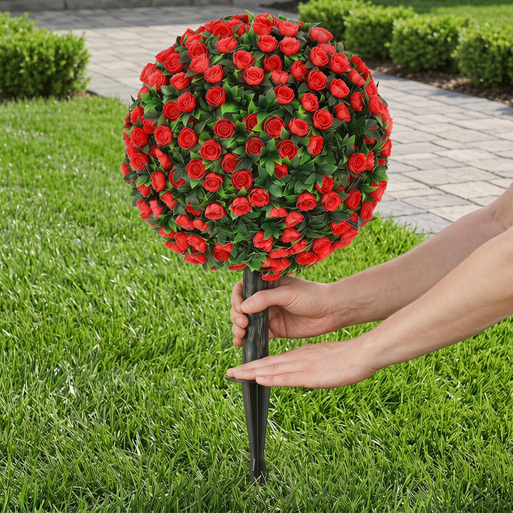 Artificial Rose Topiary UV Resistant, 2-Pack Fake Plants, 55 cm, Red