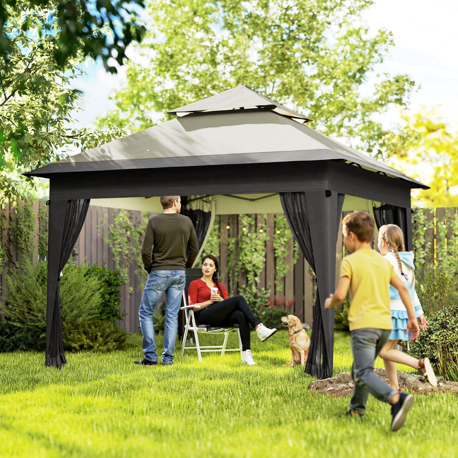 3 x 3(m) Pop Up Gazebo with Mosquito Netting, 1 Person Easy up Marquee Party Tent with 1-Button Push, Double Roof, Carry Bag, Sandbags, Height Adjustable Instant Shelter, Grey