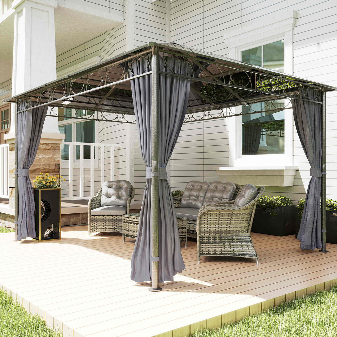 MCL 3 x 3.6m Hardtop Gazebo Canopy with Polycarbonate Roof, Permanent Pavilion Garden Gazebo with Curtains for Patio, Deck, Grey