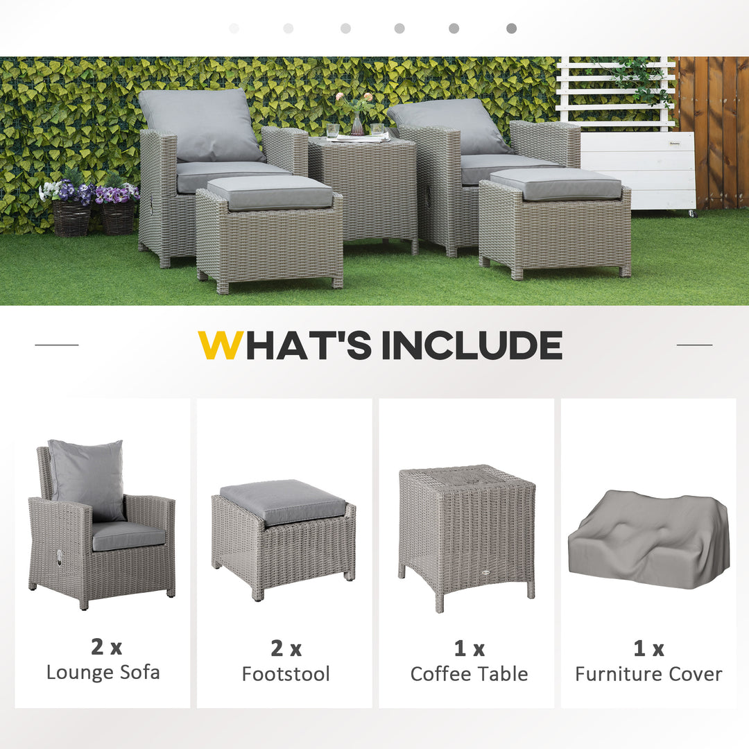 5 Pieces Outdoor PE Rattan Garden Furniture with Cushions, Patio Lounge Adjustable Backrest Chairs, Footstools and Cooler Bar Coffee Table & Cover, Grey