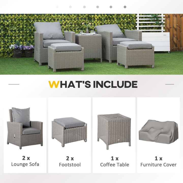 5 Pieces Outdoor PE Rattan Garden Furniture with Cushions, Patio Lounge Adjustable Backrest Chairs, Footstools and Cooler Bar Coffee Table & Cover, Grey