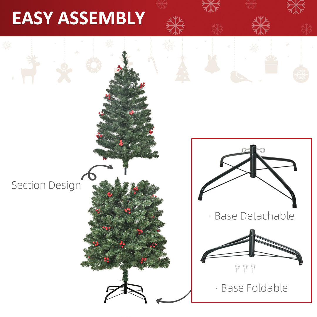 HOMCOM 5FT Prelit Artificial Pencil Christmas Tree with Warm White LED Light, Red Berry, Holiday Home Xmas Decoration, Green | Aosom UK