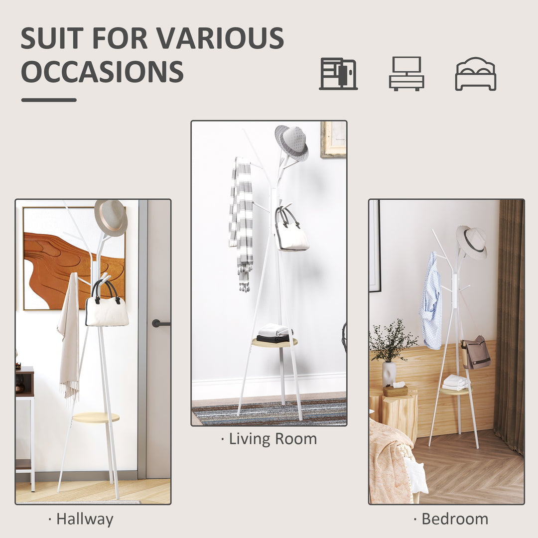 MCL Freestanding Metal Coat Rack Stand 9 Hooks Clothes Tree with 1 Shelf Hat Display Hall Tree Hanger Bag Umbrella Hanging Organiser White