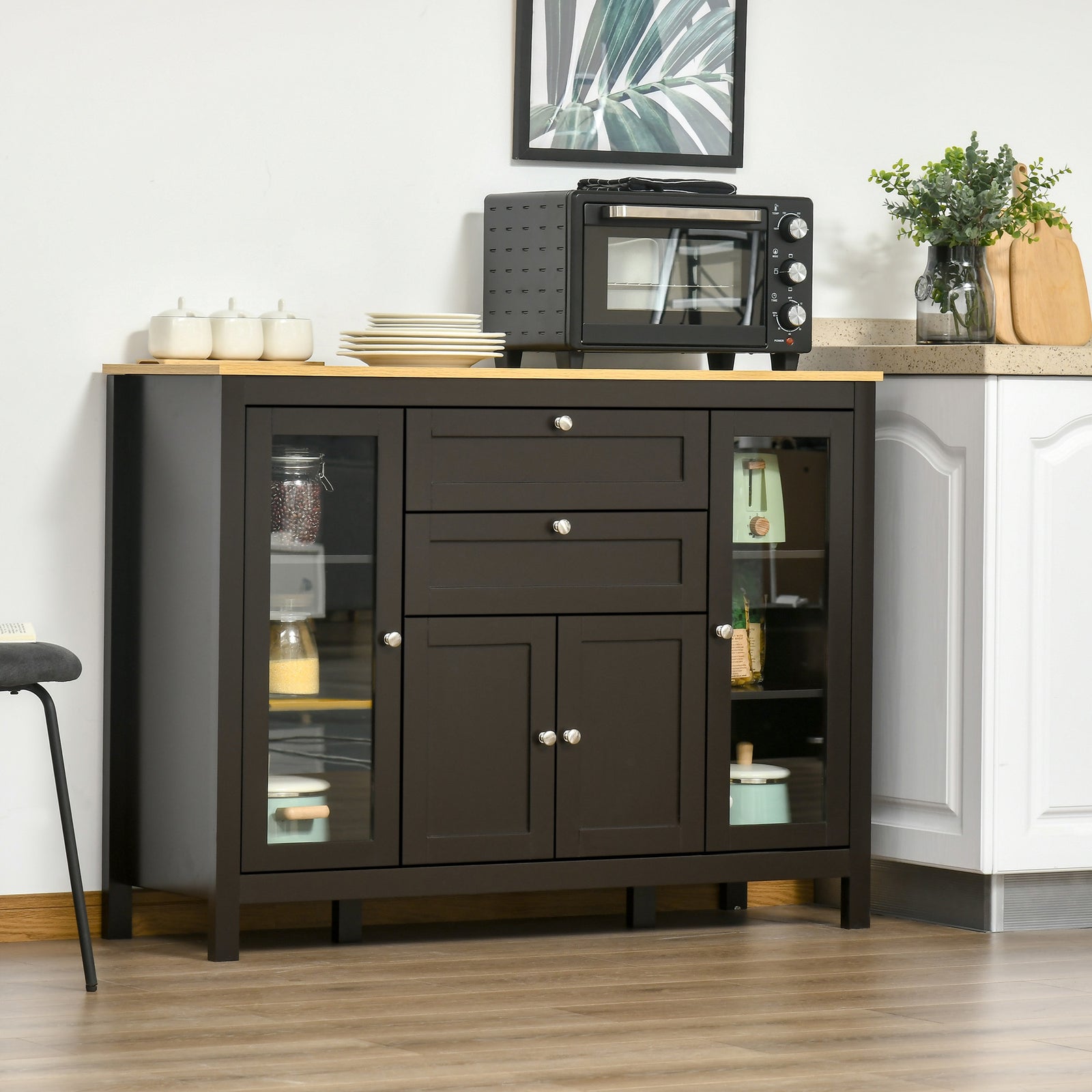 Modern Storage Cabinet, Sideboard with Oak Top, 4 Doors, 2 Drawers and