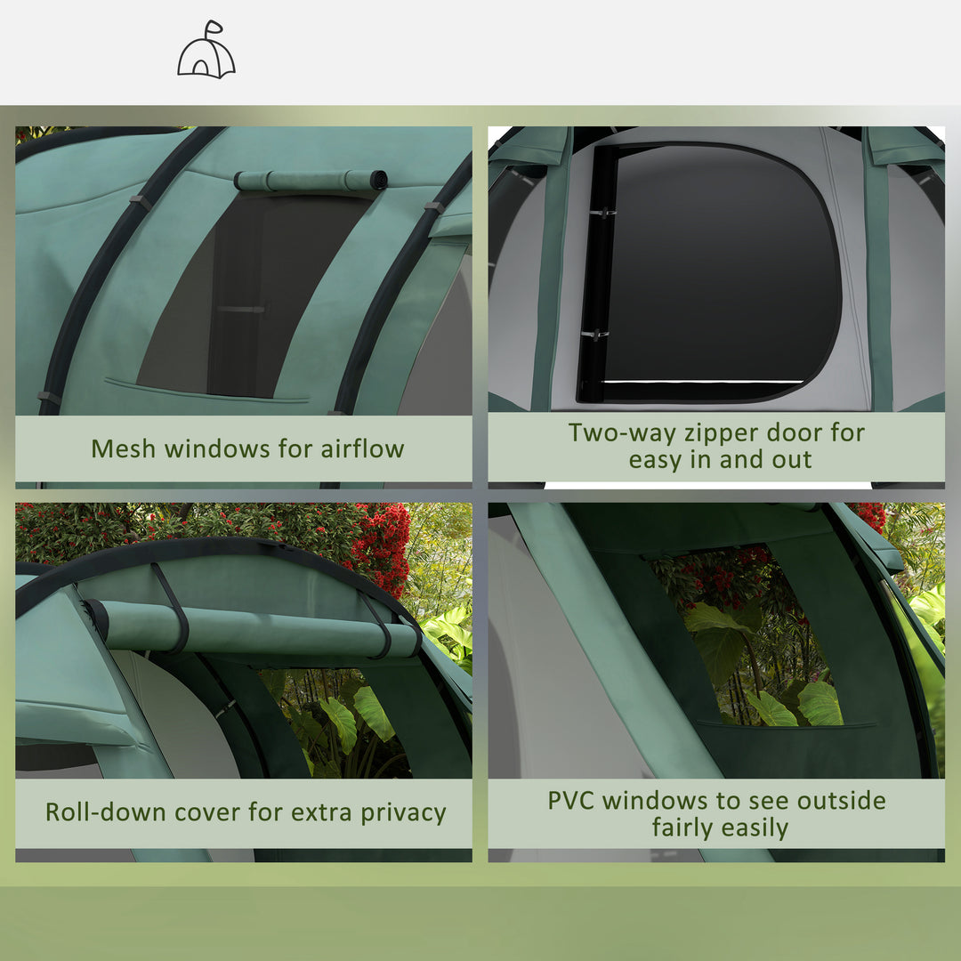 Two Room Tunnel Tent Camping Tent for 3-4 Man with Windows, Covers, Carry Bag, for Fishing, Hiking, Sports, Green