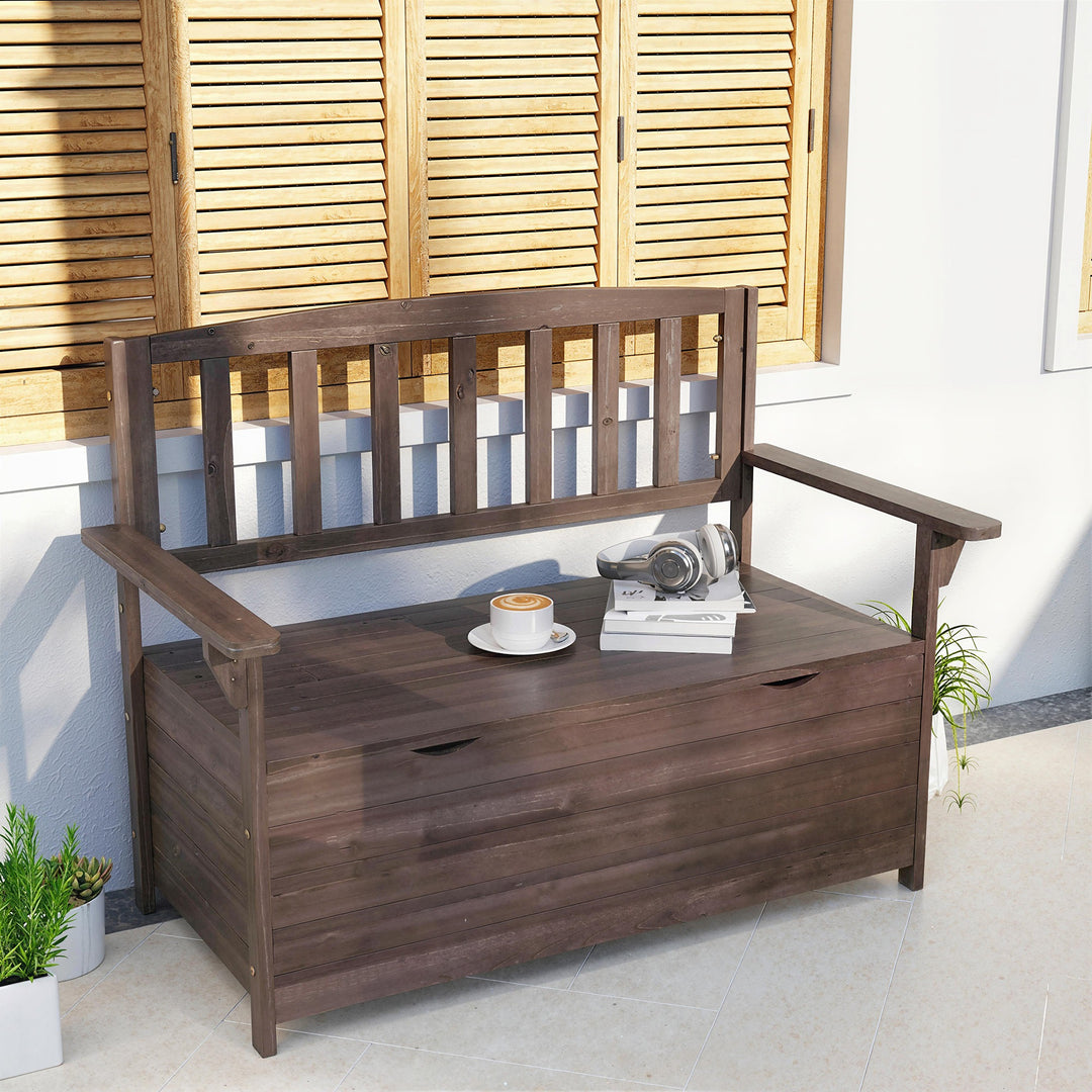 Outdoor 2 Seater Garden Bench, Wooden Bench with Storage, Backrest, Ar