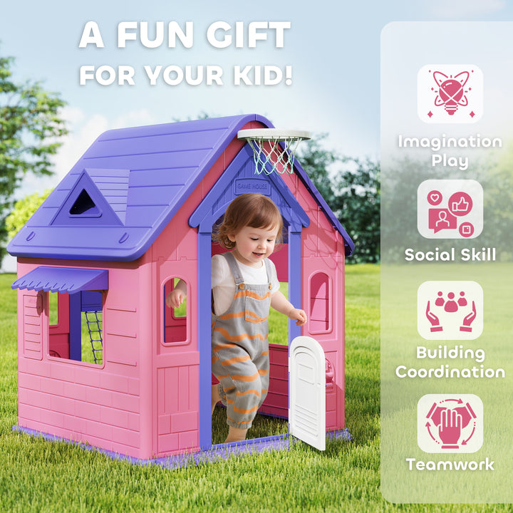 AIYAPLAY 5-in-1 Playhouse for Kids Outdoor Indoor with Basketball Hoop, Football Goal, Dartboard, Ring Toss for 2-5 Years, Pink