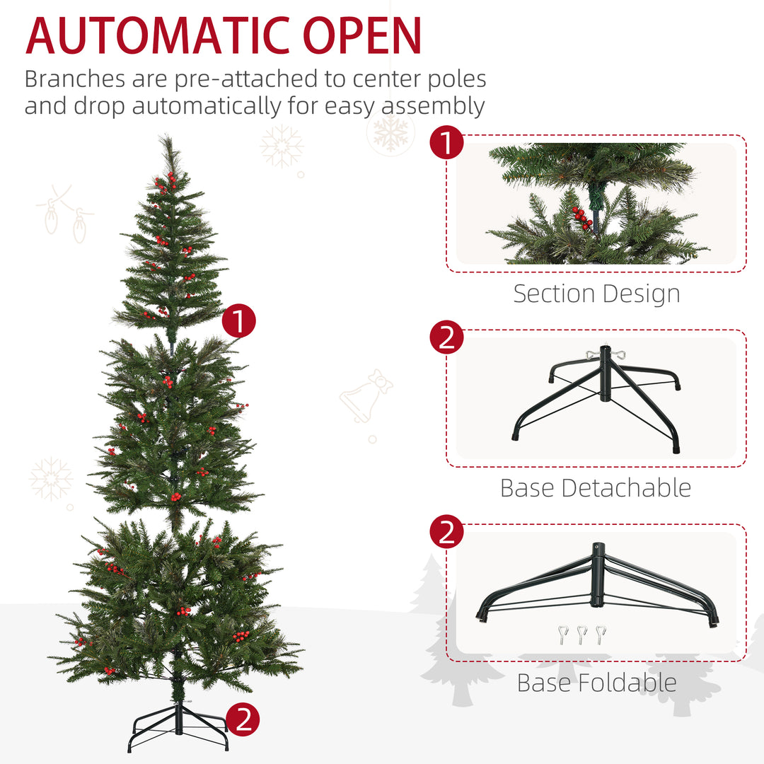 HOMCOM Pencil Artificial Christmas Tree with Realistic Branches, Red Berries, Auto Open, Green