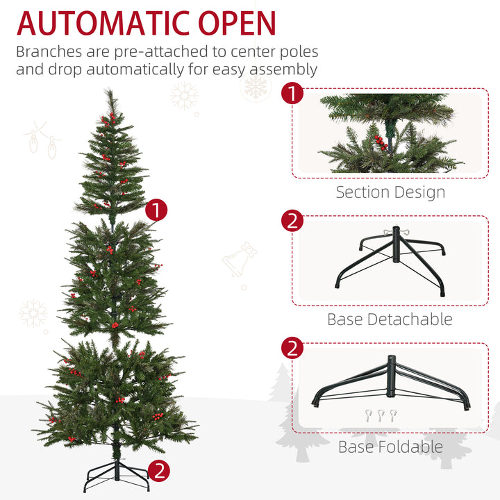 HOMCOM Pencil Artificial Christmas Tree with Realistic Branches, Red Berries, Auto Open, Green