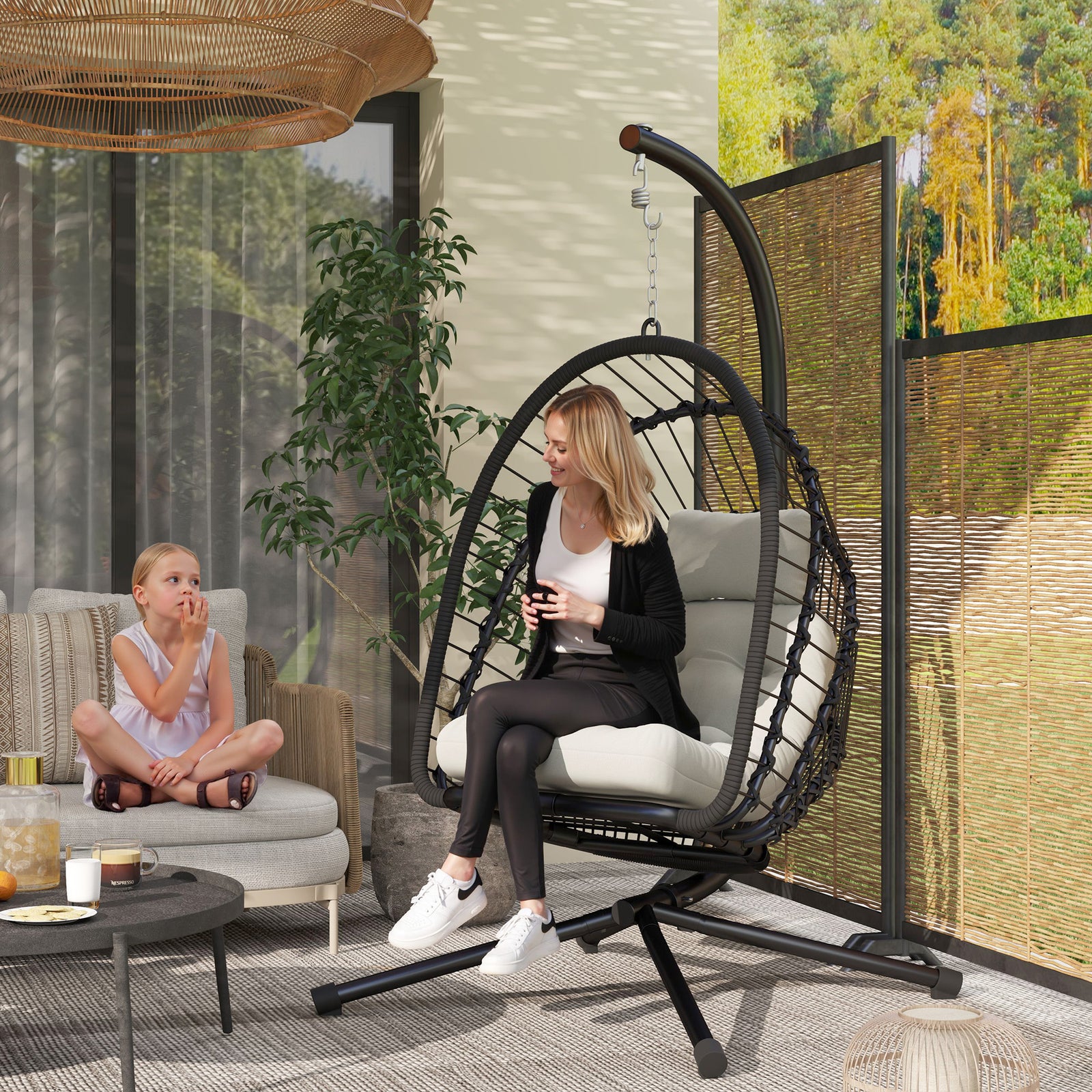 Outdoor PE Rattan Swing Chair with Foldable Basket and Cushion, Garden Patio Hanging Egg Chair with Metal Stand, Headrest for Indoor and Outdoor, Black