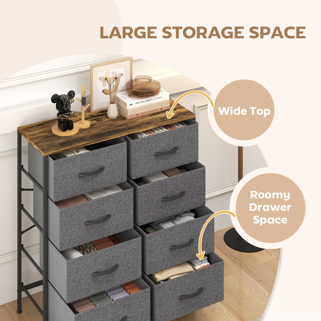 Fabric Chest of Drawers, Industrial Bedroom Dresser with 8 Fabric Drawers, Steel Frame and Wooden Top for Nursery, Living Room, Hallway, Rustic Brown and Grey