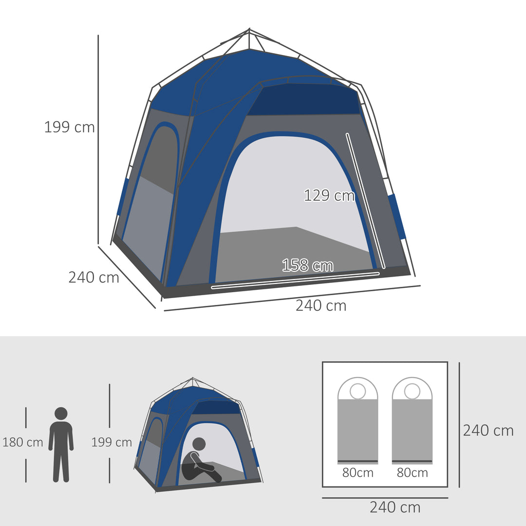 MCL Instant Pop Up Camping Tent, 4 Man Dome Tent with 4 Doors, Sewn-in Groundsheet, Carry Bag and Top Hook for Fishing Hiking Festival, Grey