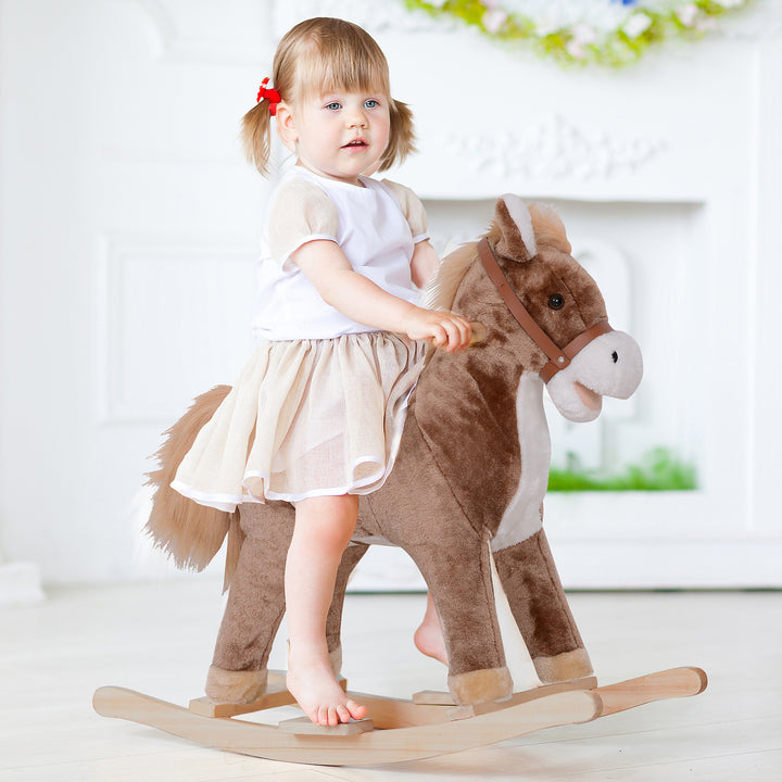 HOMCOM Kids Plush Rocking Horse-Brown/White