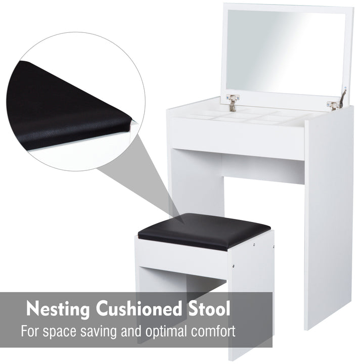 Dressing Table with Mirror and Stool, Vanity Makeup Table with Flip Up Mirror, Vanity Desk with Storage Unit and Padded Seat, White