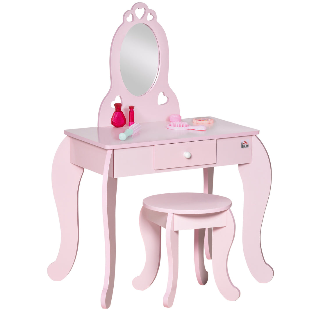 MCL Kids Vanity Table & Stool Girls Dressing Set Make Up Desk Chair Dresser Play Set with Mirror Pink