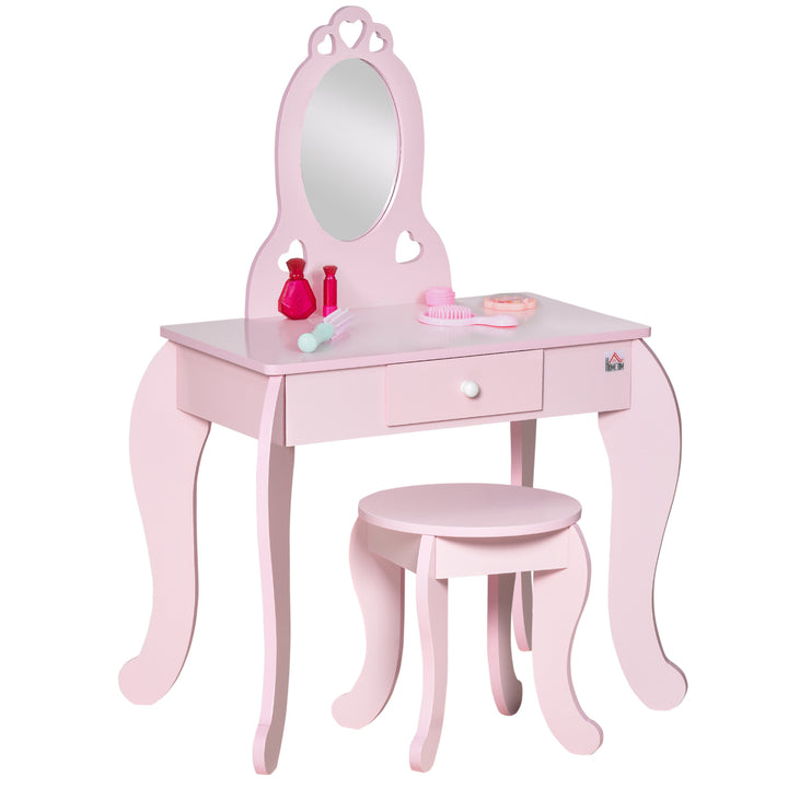 MCL Kids Vanity Table & Stool Girls Dressing Set Make Up Desk Chair Dresser Play Set with Mirror Pink