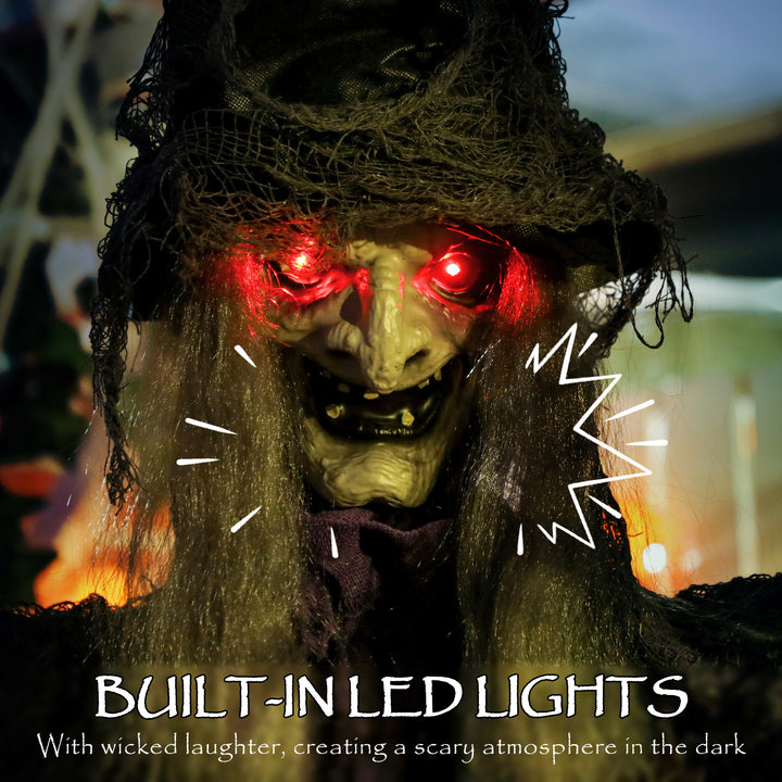 Outsunny 183 cm Life Size Halloween Animated Hanging Witch with Glowing LED Eyes, Spooky Witch Scary Halloween Decorations, Battery Operated, Indoor Party Props