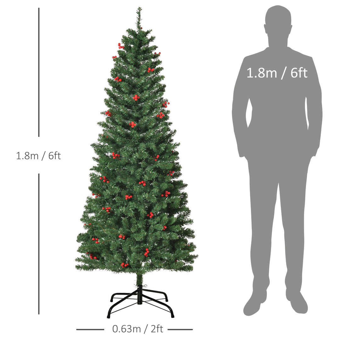 MCL 6FT Prelit Artificial Pencil Christmas Tree with Warm White LED Light, Red Berry, Holiday Home Xmas Decoration, Green